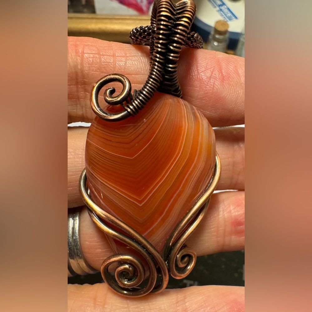 Gorgeous Copper Wire Wrapped “Antique Rose,” Banded Carnelian Agate Pendant
